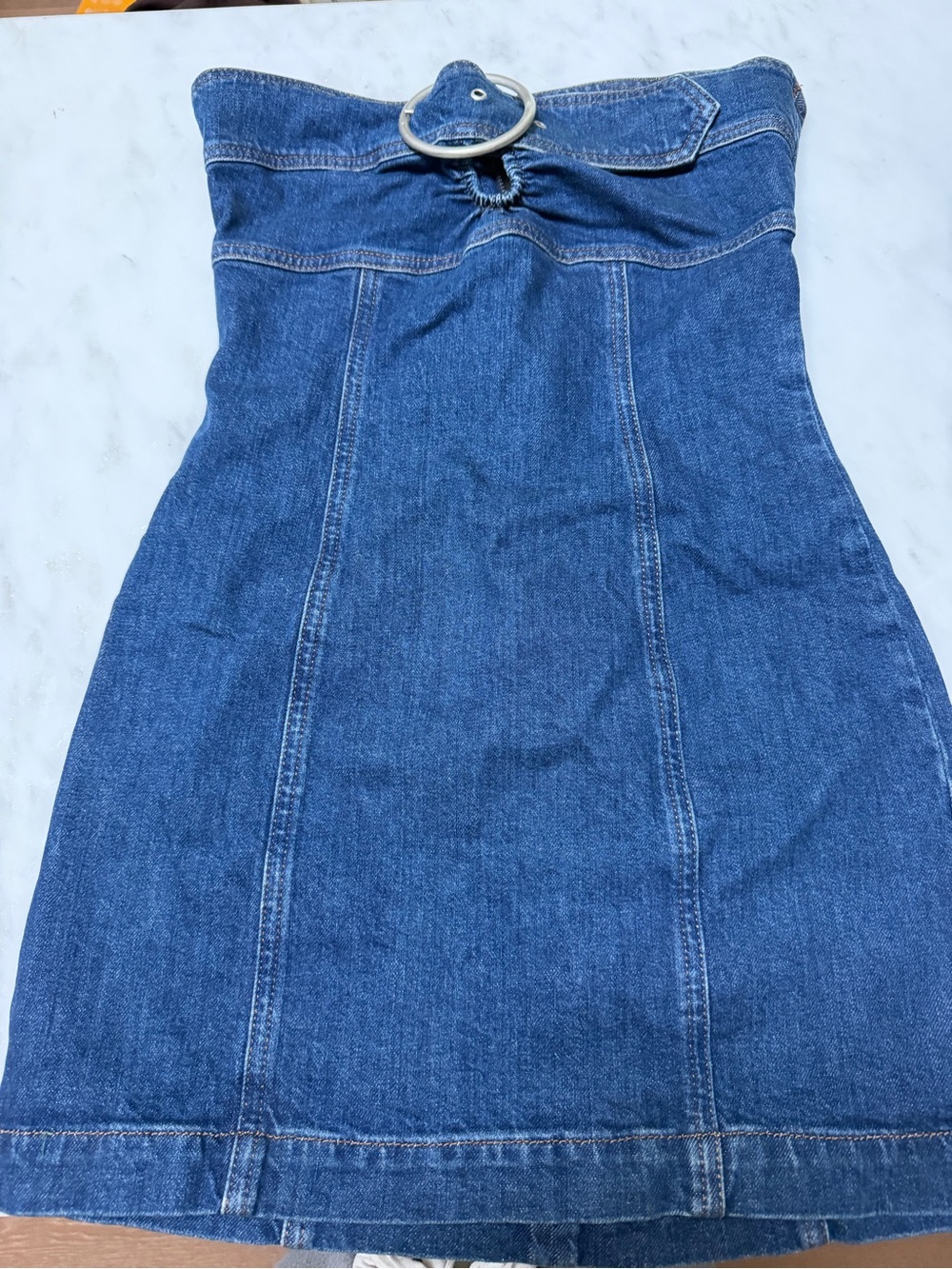 Reformation Strapless Denim Mini Dress with Silver Ring